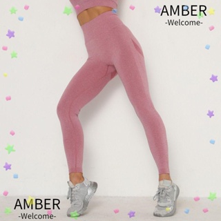 Amber กางเกงเลกกิ้ง ผ้าไนล่อน ยืดหยุ่น ไร้รอยต่อ เอวสูง สีพื้น สําหรับผู้หญิง