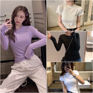 พร้อมส่ง  เสื้อยืดคอกลมแขนสั้น - แขนยาว  สีพื้นพาสเทล เรียบๆ แมทง่าย