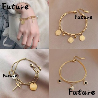 Future สร้อยข้อมือ สเตนเลส ประดับมุก สีทอง สไตล์โกธิค