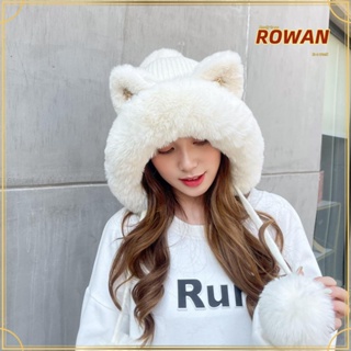 Rowans หมวกบีนนี่ ผ้ากํามะหยี่ขนนิ่ม แต่งหูแมวน่ารัก แบบหนา ให้ความอบอุ่น สําหรับผู้หญิง