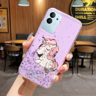 ใหม่ เคสโทรศัพท์มือถือแบบนิ่ม ใส กันกระแทก ลายการ์ตูนยูนิคอร์นน่ารัก พร้อมที่ตั้งวาง สําหรับ Vivo V29 Y27 Y36 Y78 5G 4G V29 Y27 Y78 2023