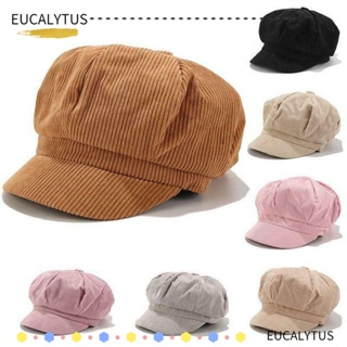 Eutus หมวกแปดเหลี่ยม หมวกผ้าลูกฟูก หางเป็ด ปีกสั้น สีพื้น สไตล์วินเทจ สําหรับผู้หญิง