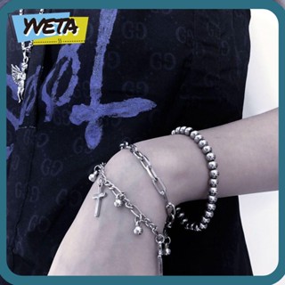 Yveta สร้อยข้อมือโลหะ สองชั้น จี้พังก์ ฮิปฮอป เครื่องประดับแฟชั่น เครื่องประดับเงิน สร้อยข้อมือข้ามหลายชั้น ผู้หญิง