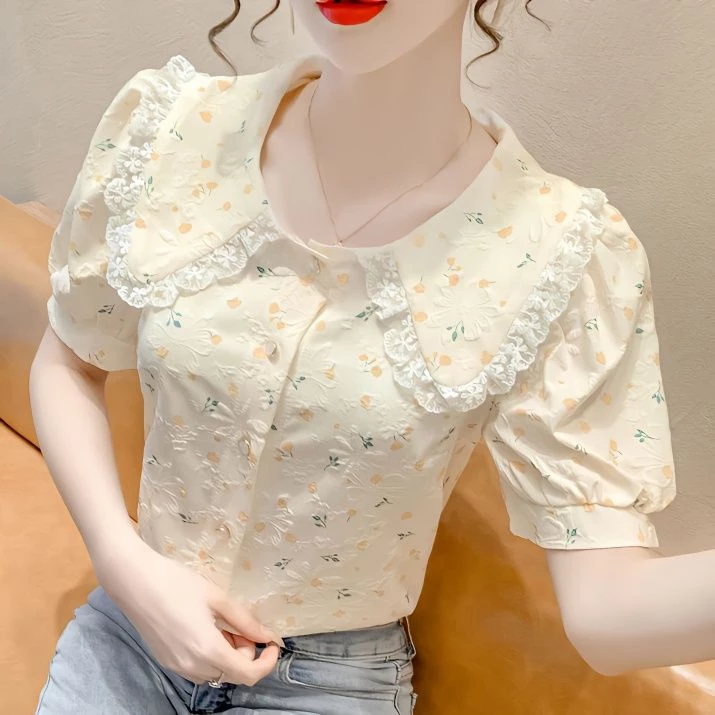 เสื้อคอตุ๊กตาแขนพองลายดอกไม้ Y0250 thumbnail 5