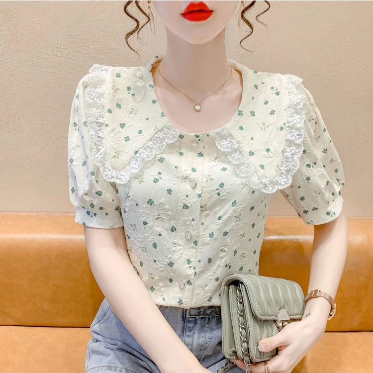 เสื้อคอตุ๊กตาแขนพองลายดอกไม้ Y0250 thumbnail 3