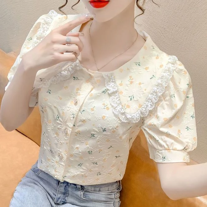 เสื้อคอตุ๊กตาแขนพองลายดอกไม้ Y0250 thumbnail 8