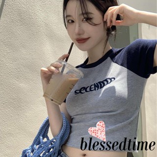 Blessedtime- เสื้อครอปท็อป คอกลม แขนสั้น พิมพ์ลายตัวอักษร สีตัดกัน แฟชั่นฤดูร้อน สําหรับผู้หญิง