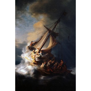 Rembrandt โปสเตอร์ภาพวาดผ้าใบ รูปเรือพระเยซู Christ in The Storm On The Sea of Galilee สําหรับตกแต่งผนังบ้าน