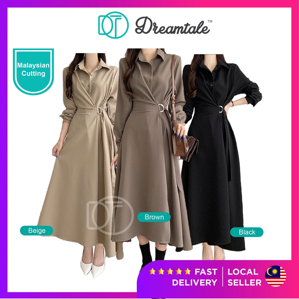 Dreamtale YoungJa ชุดเดรสแฟชั่นเกาหลี Muslimah ชุดเดรสคอเข็มขัดเอวชุดลําลองยาวตัด WCO210