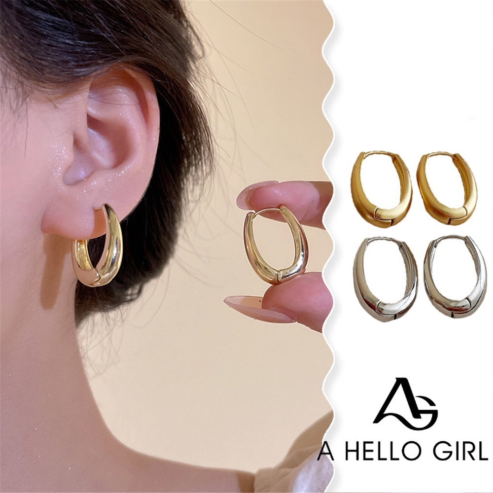 A HELLO GIRL ใหม่ อารมณ์ เคลือบเงา โลหะ รูปตัวยู ต่างหูเรขาคณิต วงรี ต่างหู ย้อนยุค ผู้หญิง ต่างหู อุปกรณ์เสริม สาวสวัสดี