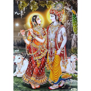 โปสเตอร์ พิมพ์ลาย Radha Krishna Reprint Hindu God พร้อมกลิตเตอร์