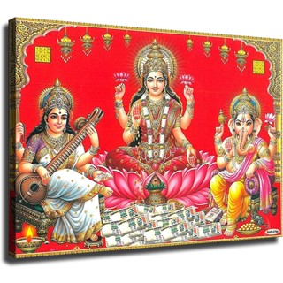 Lakshmi with Ganesha and Saraswati โปสเตอร์ภาพวาดผ้าใบ สําหรับตกแต่งผนังบ้าน ห้องนั่งเล่น
