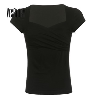 Vesglory เสื้อครอปท็อป คอกลม แขนสั้น สีพื้น ทรงสลิมฟิต แฟชั่นสําหรับผู้หญิง 2023