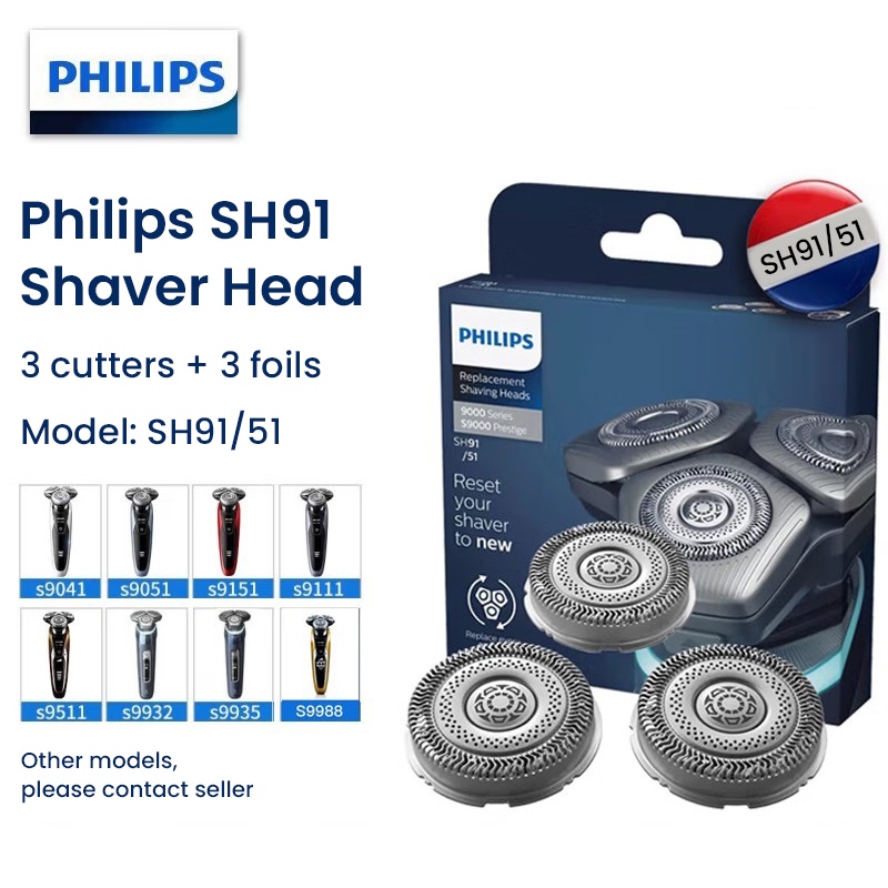 Philips SH91 เครื่องโกนหนวดผู้ชายใบมีดเปลี่ยน 3 ฟอยล์ + 3 เครื่องตัดหัวโกนสําหรับ Philips Series 9000 และ Series Prestige