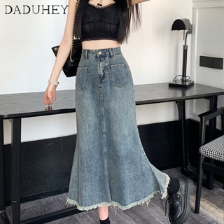 DaDuHey🎈 Retro Denim Skirt Womens New High Waist Slimming Frayed Mid-Length Fishtail Fashion Skirt