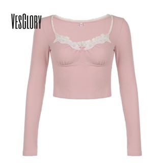 Vesglory เสื้อครอปท็อปแขนยาว คอกลม ทรงสลิมฟิต สีพื้น แฟชั่นสําหรับผู้หญิง 2023