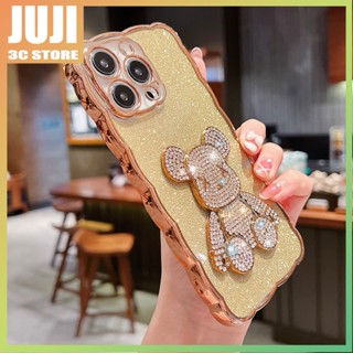 เคสโทรศัพท์มือถือแบบใส แต่งกลิตเตอร์ ลายหมี 6D พร้อมฟิล์มกันรอยกล้อง ประดับเพชร สีดํา สําหรับ iPhone 15 14 13 Pro MAX 12 11 Pro MAX