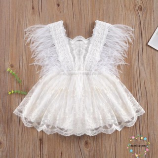 Babyclothes- ชุดรอมเปอร์ แขนกุด แต่งพู่ขนนก แต่งระบาย เปลือยหลัง สไตล์เจ้าหญิง สําหรับเด็กผู้หญิง