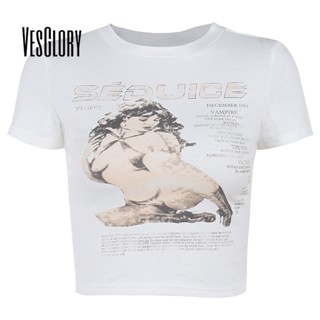 Vesglory เสื้อครอปท็อป คอกลม แขนสั้น พิมพ์ลาย สีพื้น ทรงสลิมฟิต แฟชั่นสําหรับผู้หญิง 2023