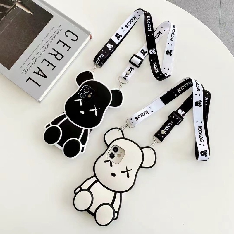 ปลอกสําหรับ iPhone 16 15 14 Pro Max 13 12 mini 6S 6 7 8 Plus 11 Pro X XR XS Max se 2020 เคสโทรศัพท์มือถือ ซิลิโคน ลายการ์ตูนหมีโหด พร้อมสายคล้อง สําหรับ