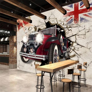 สติกเกอร์วอลเปเปอร์ ลายรถยนต์ Breaking The Wall Mural 3D สําหรับติดตกแต่งผนังบ้าน ร้านอาหาร ทีวี