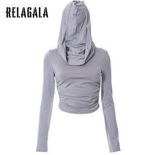 Relagala เสื้อกันหนาวแขนยาวลําลอง มีฮู้ด แต่งจับจีบ เข้ารูป สีพื้น แฟชั่นใหม่ สําหรับผู้หญิง 2023