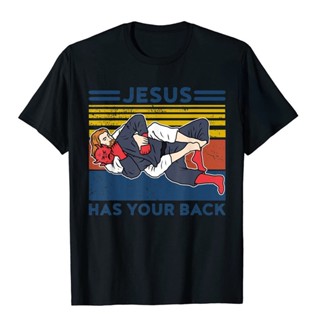 เสื้อยืดลําลอง ผ้าฝ้าย แขนสั้น พิมพ์ลาย Jiu Jitsu Jesus Has Your Back BJJ MMA Jujitsu โอเวอร์ไซซ์ สไตล์สตรีท สําหรับผู้ชาย และผู้หญิง