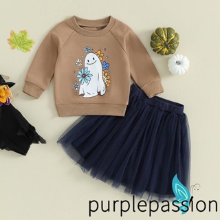 Purplepassion เสื้อกันหนาวแขนยาว พิมพ์ลายผี และกระโปรงทูเล่ สําหรับเด็กวัยหัดเดิน 2 ชิ้น