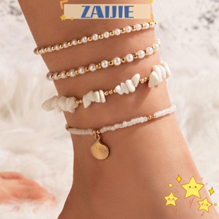 Zaijie24 สร้อยข้อเท้าโซ่ หินบด สไตล์โบฮีเมียน หลายชั้น แฮนด์เมด เครื่องประดับแฟชั่น ฤดูร้อน