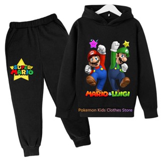 เสื้อกันหนาวแขนยาว มีฮู้ด ลายการ์ตูนอนิเมะ Super Mario Bros พร้อมกางเกง สําหรับเด็กผู้ชาย และผู้หญิง