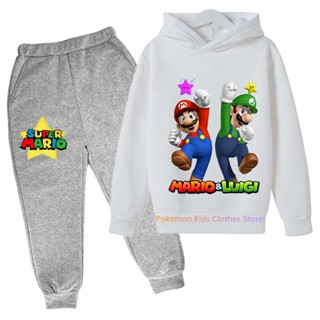 เสื้อกันหนาวแขนยาว มีฮู้ด ลายการ์ตูนอนิเมะเกม Super Mario Bros พร้อมกางเกง สําหรับเด็กผู้ชาย และผู้หญิง