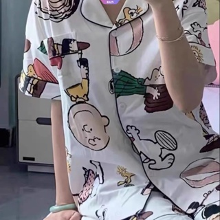 ใหม่ ชุดนอน เสื้อคาร์ดิแกน แขนสั้น กางเกงขาสั้น พิมพ์ลายการ์ตูน Snoopy น่ารัก ทรงหลวม เหมาะกับฤดูร้อน สําหรับผู้หญิง [RAIN]