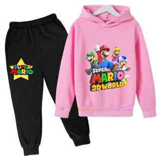 ชุดกีฬา เสื้อฮู้ดดี้ แขนยาว ลาย Super Mario Bros กางเกง สําหรับเด็กผู้ชาย และเด็กผู้หญิง 2 ชิ้น