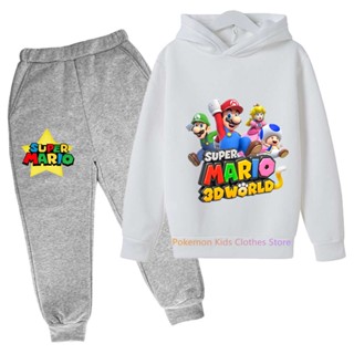 ชุดกีฬา เสื้อฮู้ดดี้ แขนยาว ลาย Super Mario Bros กางเกง สําหรับเด็กผู้ชาย และเด็กผู้หญิง 2 ชิ้น