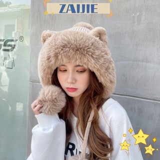 Zaijie24 หมวกบีนนี่ ผ้าถัก แต่งขนปุย ลายการ์ตูนหูแมว ให้ความอบอุ่น แฟชั่นฤดูหนาว