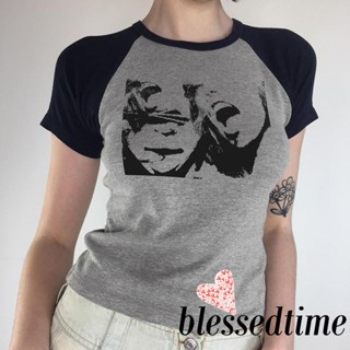 Blessedtime- เสื้อยืดคอกลม แขนสั้น พิมพ์ลายแอปสแตรกท์ สีตัดกัน แฟชั่นฤดูร้อน สําหรับผู้หญิง ไปคลับ