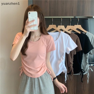 Yuan เสื้อครอปท็อป คอกลม แขนสั้น สีพื้น แฟชั่นฤดูร้อน สําหรับผู้หญิง ZHN