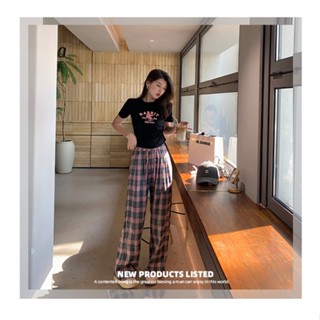 504# Check casual wide-leg pants Womens Summer New Loose Slim High Waist Drape Straight Leg Mopping Pants