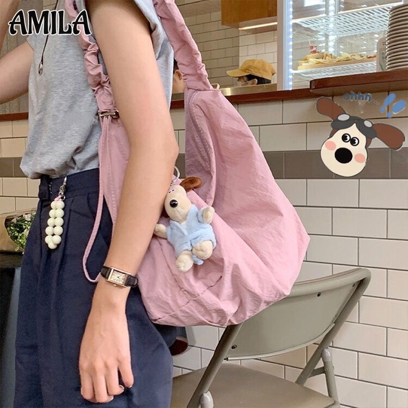 AMILA กระเป๋าทรงแมสเซนเจอร์สุดชิคสไตล์เกาหลี Wallace & Gromit กระเป๋าสะพายข้างแบบมีเชือกรูด ผ้าแคนวาส Ruched Underarm Bag แฟชั่น ลำลองทุกการแข่งขัน ความจุสูง