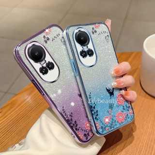 เคสโทรศัพท์มือถือ TPU นิ่ม ลายดอกไม้ แต่งกลิตเตอร์ ไล่โทนสี สําหรับ OPPO Reno 10 Pro 5G 2023 Reno10 10Pro Reno10Pro