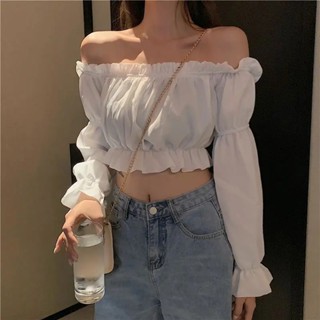 【พร้อมส่ง】เสื้อครอปท็อปแขนยาว เปิดไหล่ แขนพัฟ เอวสูง เซ็กซี่ แฟชั่นฤดูร้อน สไตล์เกาหลี สําหรับผู้หญิง