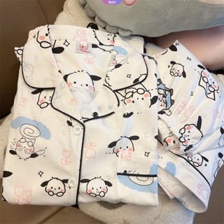 ชุดนอน เสื้อคาร์ดิแกนแขนสั้น คอปก ทรงหลวม พิมพ์ลายการ์ตูนอนิเมะ Sanrio Pochacco น่ารัก สไตล์ญี่ปุ่น เหมาะกับฤดูร้อน สําหรับผู้หญิง [RAIN]