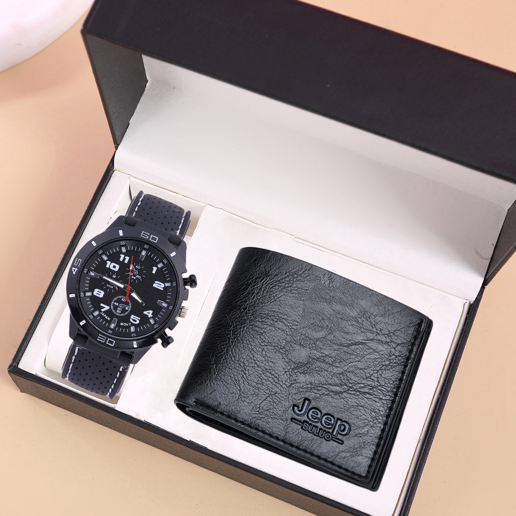 ชุดนาฬิกาข้อมือลําลอง พร้อมกระเป๋าสตางค์ เหมาะกับของขวัญ สําหรับผู้ชาย จํานวน 2 ชิ้น