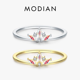 Modian แหวนเงินแท้ 925 รูปมงกุฎ สีรุ้ง ประดับเพทาย ขนาดเล็ก เครื่องประดับแฟชั่น สําหรับผู้หญิง