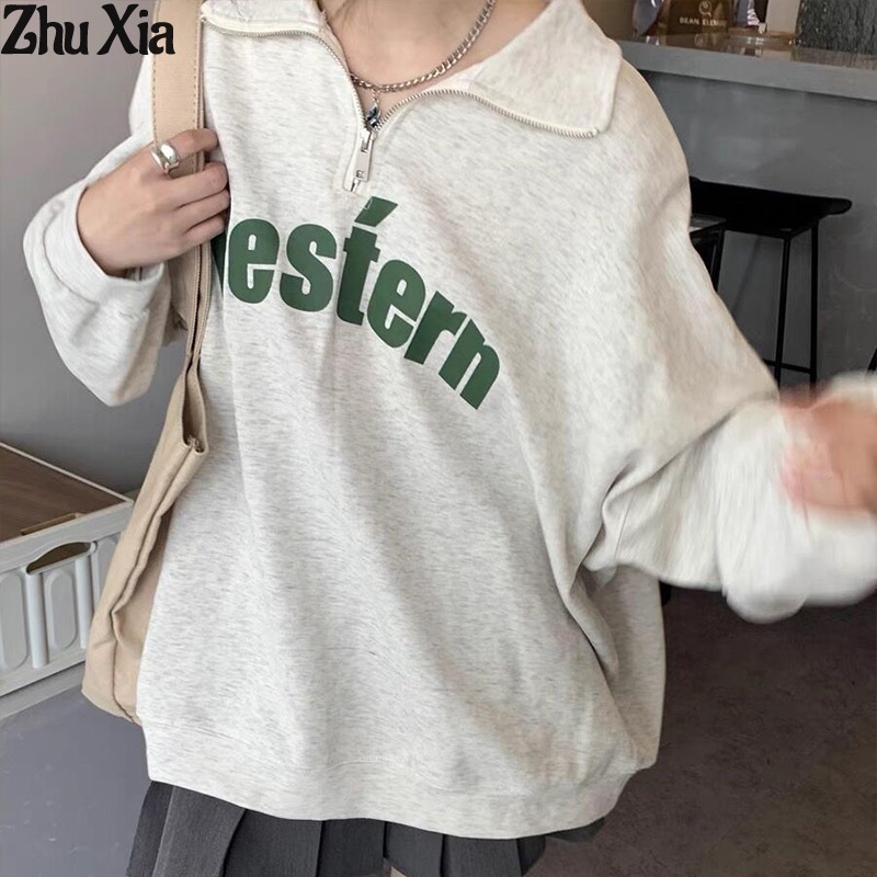 เสื้อแจ็กเก็ตโปโลกันหนาว คอปก ทรงหลวม แต่งซิป พิมพ์ลาย สีเทาอ่อน แฟชั่นฤดูใบไม้ผลิ และฤดูใบไม้ร่วง
