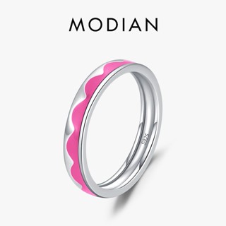 Modian แหวนเงินสเตอร์ลิง 925 รูปคลื่นน่ารัก สีชมพู ซ้อนกันได้ เรียบง่าย เครื่องประดับ สําหรับผู้หญิง ของขวัญคริสต์มาส