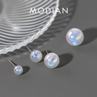 Modian ต่างหูเม็ดเดี่ยว เงินแท้ 925 ประดับมุก สีรุ้ง 6 8 10 12 มม. เรียบง่าย เครื่องประดับแฟชั่น สําหรับผู้หญิง ออกเดท