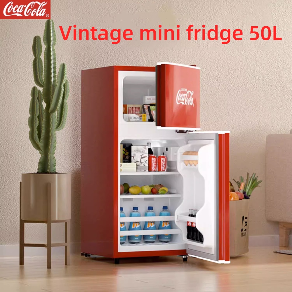 Coca-cola ตู้เย็น ขนาดเล็ก สไตล์เรโทร สําหรับหอพัก ห้องเช่า ช่องแช่แข็ง สองประตู