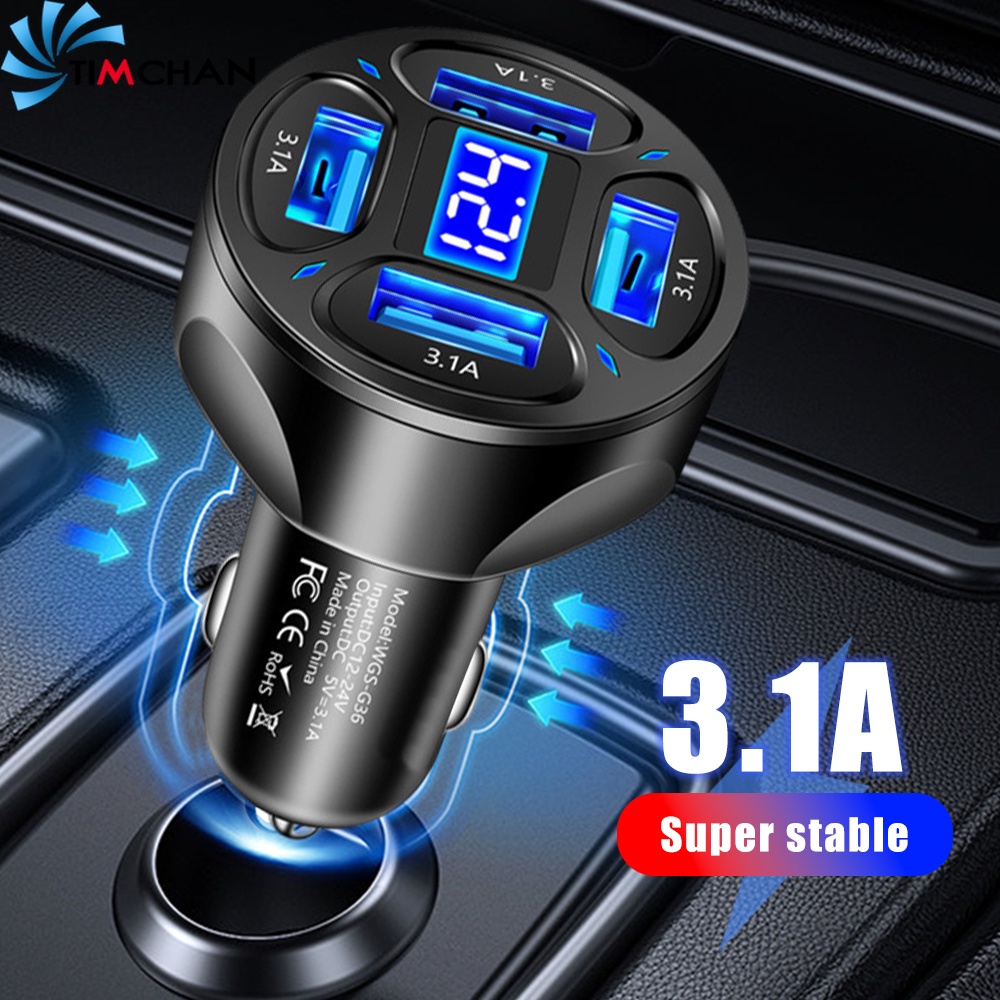 มินิ แบบพกพา 4 พอร์ต USB จอแสดงผลดิจิตอล LED ชาร์จเร็วในรถ / อะแดปเตอร์ชาร์จด่วนในรถยนต์หลายพอร์ต / ที่ชาร์จซ็อกเก็ตไฟสีฟ้า / อะแดปเตอร์ชาร์จโทรศัพท์ 66W 3.1A ชาร์จเร็ว