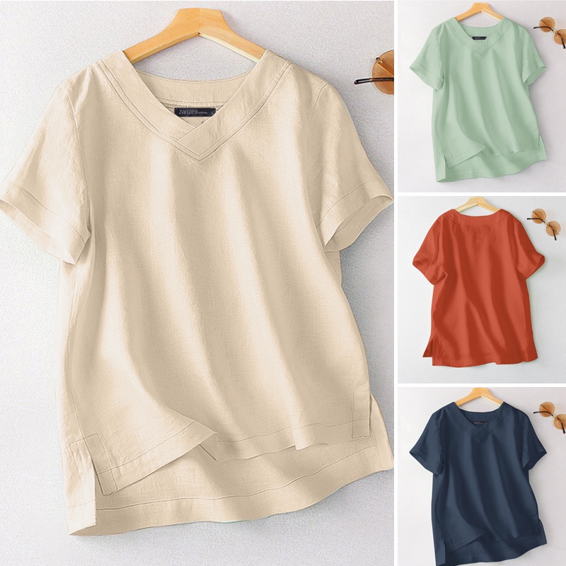 เสื้อเบลาส์แขนสั้นลําลอง คอวี ผ้าฝ้าย สวยหรู สําหรับผู้หญิง